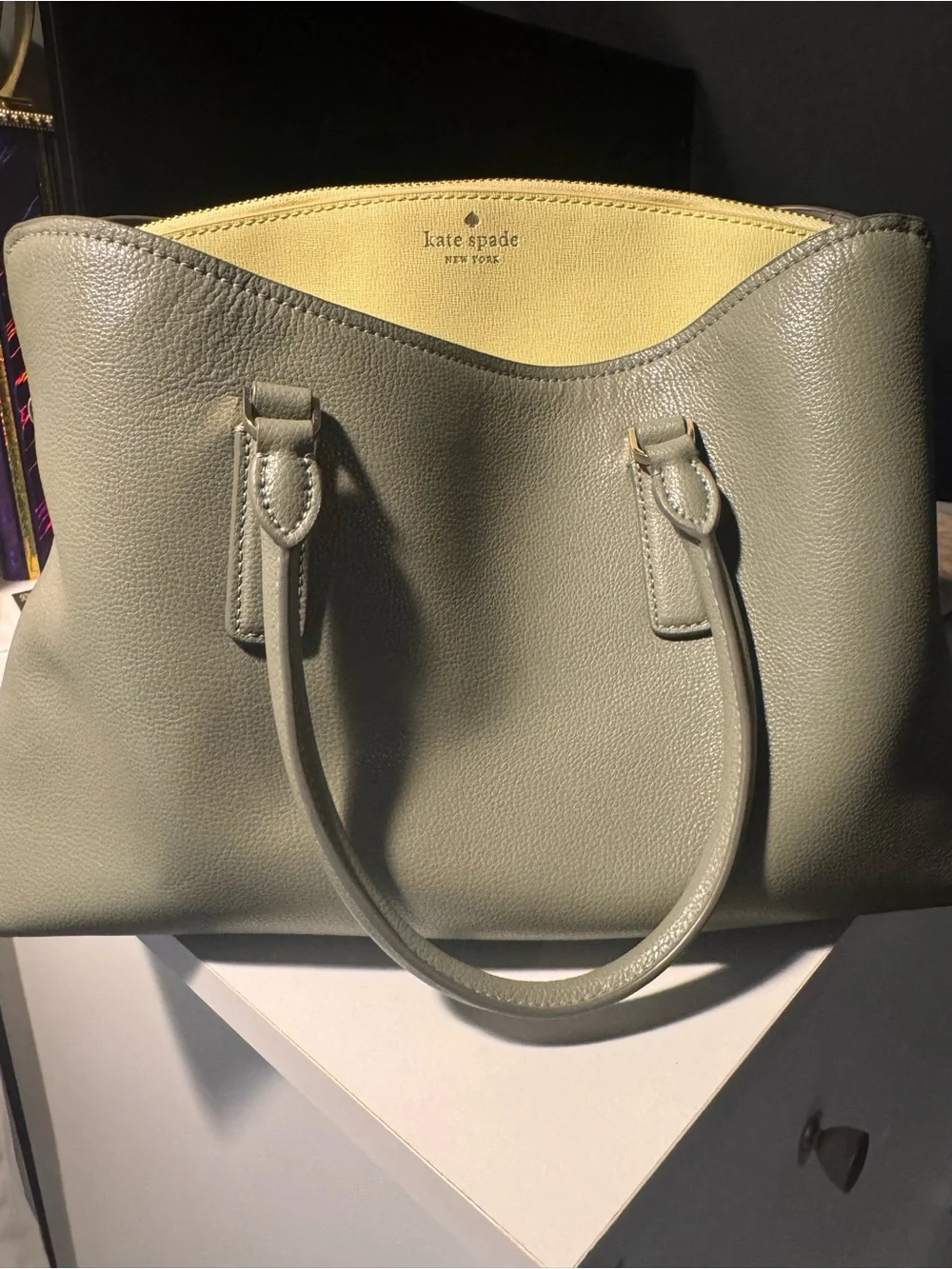 kate spade Olive Green Leather Tote with Yellow Interior